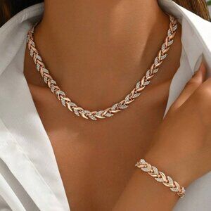 Rose Gold Crystal Linked Bracelet & Necklace Set NEW